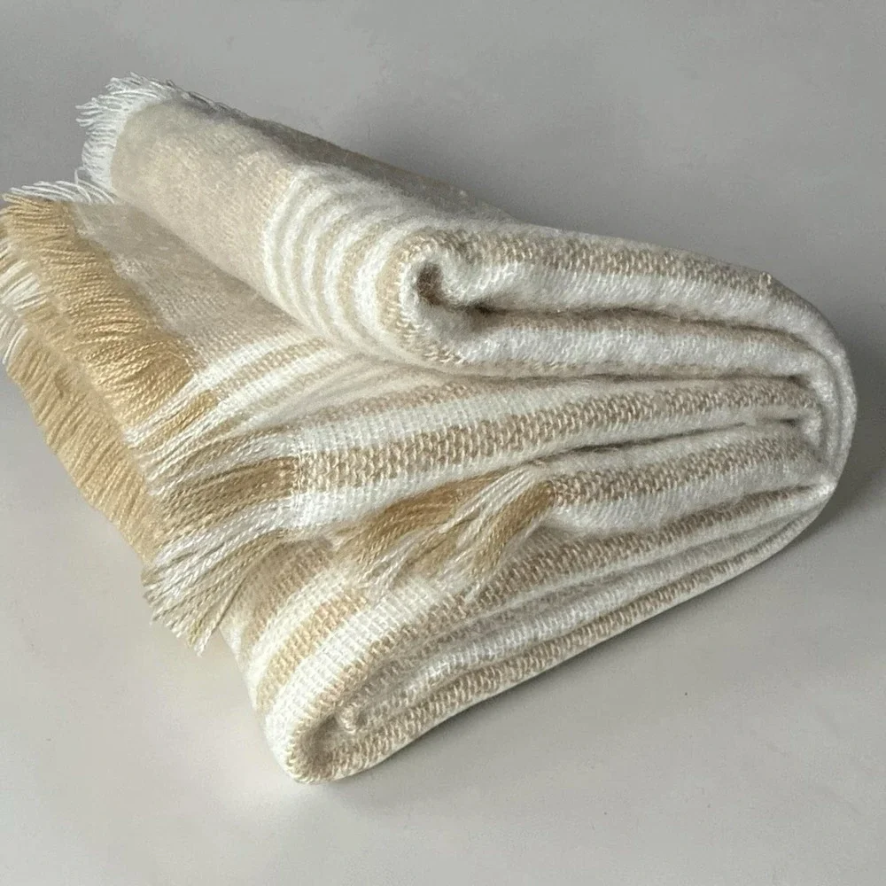 Pottery Barn Soft Throw Blanket Fringed Striped Neutral Beige Minimalist 60 x 50